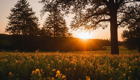 Sunset over a meadow with yellow wildflowers and treesの素材