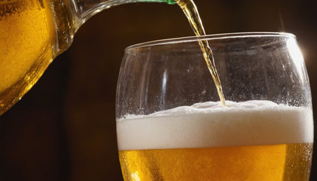 Pouring beer into a glass on a dark background. Close-upの素材