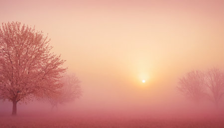 Foggy sunrise over a field with trees in the foreground.の素材