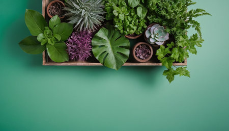 Top view of various potted herbs in wooden box on green backgroundの素材