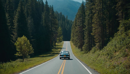Car driving on the road in the mountains. Travel and adventure concept.の素材