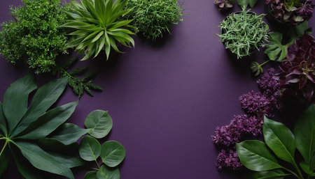 Creative layout made of herbs and plants on purple background. Flat lay, top viewの素材