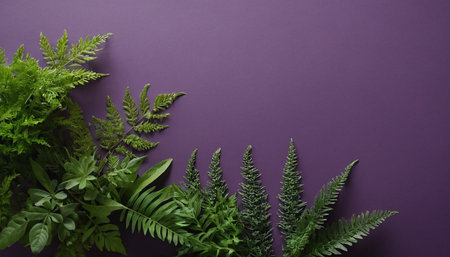 Creative layout made of fern leaves on purple background. Flat lay, top view, copy spaceの素材