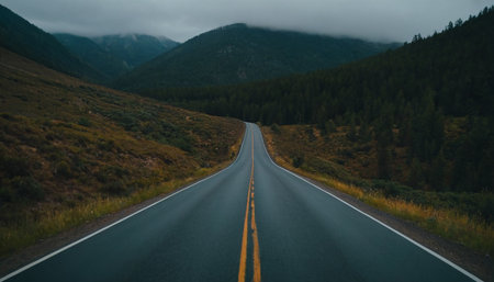 Long straight road in the mountains. Concept of travel and adventure.の素材