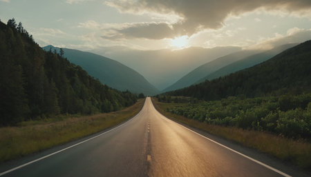 Highway in the mountains at sunset. Travel and adventure concept.の素材