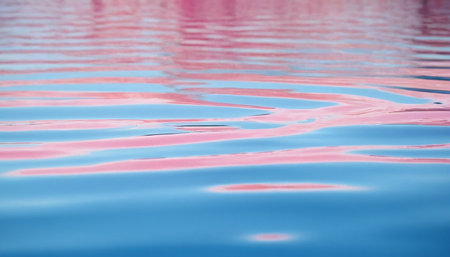 Water surface with ripples and reflections of pink and blue colors.の素材