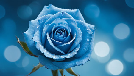 Blue rose with water drops on a blue bokeh background.の素材