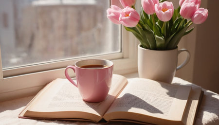 Cup of coffee, tulips and book on the windowsillの素材