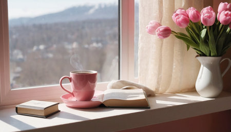 Cup of coffee, book and tulips on the windowsillの素材