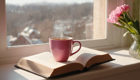 Cup of coffee and book on the windowsill in the morningの素材
