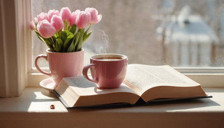 Cup of coffee, books and tulips on the windowsillの素材