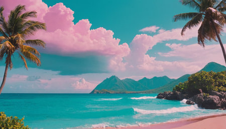 tropical beach with palm trees and turquoise water - retro vintage effectの素材