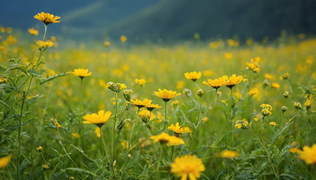 Yellow daisies in the meadow with mountains in the backgroundの素材