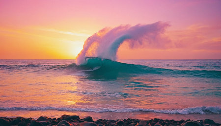 Beautiful sunset on the beach with a wave. Toned.の素材