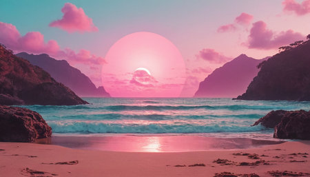 Beautiful sunset on the beach. Panoramic view of the sea and mountains.の素材