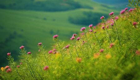 Tuscany meadow with pink flowers and green hills in backgroundの素材