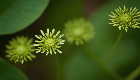 Close-up of small green flowers with shallow depth of field.の素材