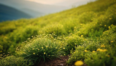 Beautiful green meadow with yellow flowers in the mountains at sunsetの素材