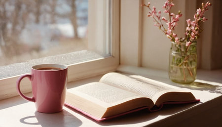 Cup of coffee and open book on windowsill with spring flowersの素材