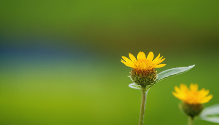 Close up of yellow flower on blurred green background with copy space.の素材