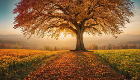 Beautiful autumn landscape with big tree and yellow flowers. HDR imageの素材