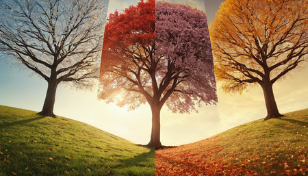 Collage of three seasons. Autumn, spring, summer and autumn.の素材