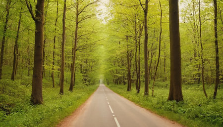 road in the green forest at springtime, beautiful nature background.の素材