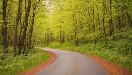 Road in the green forest. Spring landscape. Beautiful nature background.の素材
