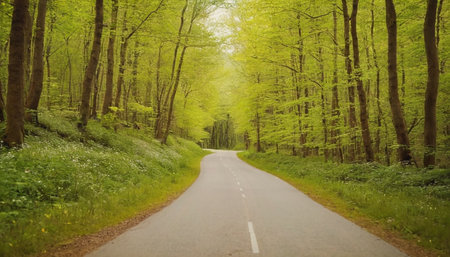 Road in the green forest. Spring landscape with trees and grass.の素材