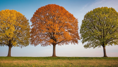 Three trees in autumn colors in a meadow with green grass and blue skyの素材