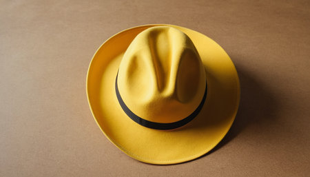 Yellow hat on a brown background. Top view. Flat lay.の素材