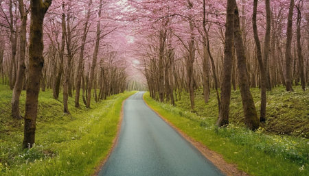 Cherry blossoms in full bloom along a country road in springの素材