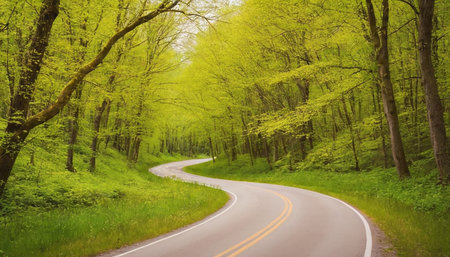 Road in the green forest at spring time. Beautiful nature background.の素材