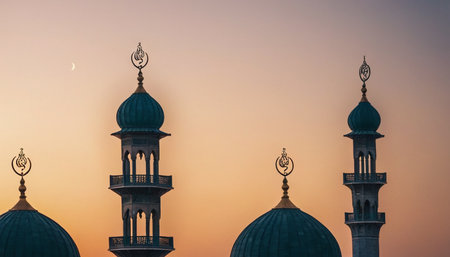 Beautiful view of the domes of the mosque at sunset.の素材