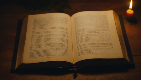 Open Bible with a lit candle on a wooden table in the darkの素材