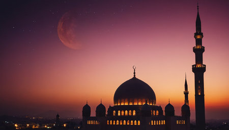 Mosque at night with full moon and stars. Ramadan Kareemの素材