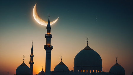 Beautiful sunset over the mosque and the moon in the sky.の素材