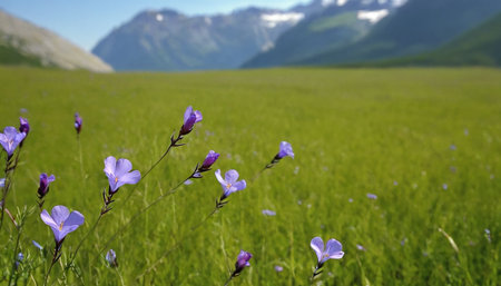 Beautiful Alpine meadow with blooming purple flowers and mountains in the backgroundの素材