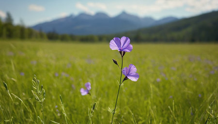 Purple flower on a green meadow with mountains in the backgroundの素材