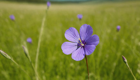 purple flower in the meadow with green grass and blue skyの素材