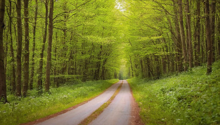beautiful green forest in spring time with road and sunbeamsの素材