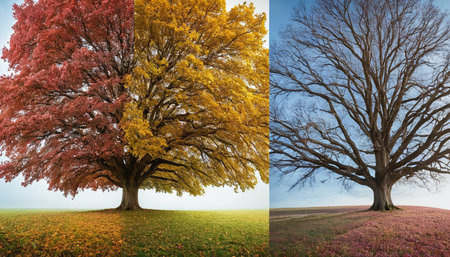 Collage of three seasons of autumn, winter, spring and autumn.の素材