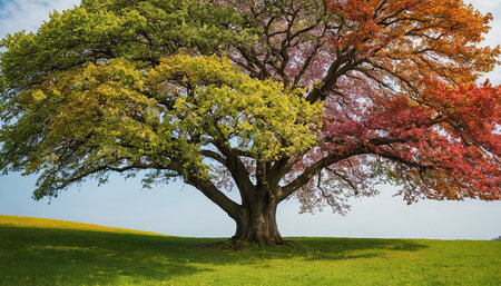 Old oak tree in the meadow with yellow and red leaves.の素材