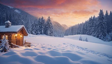 Wooden cottage in the mountains at sunset. Beautiful winter landscape.の素材