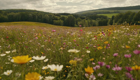 summer meadow with wildflowers and trees in the backgroundの素材