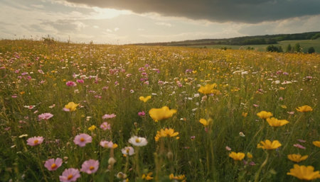 Beautiful meadow with wildflowers at sunset in summer.の素材