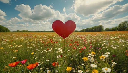 Heart shaped balloon in a field of poppies and daisiesの素材