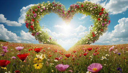 Heart shape made of flowers on the meadow with blue sky backgroundの素材