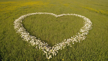 Heart shape made of white daisies on a green meadowの素材
