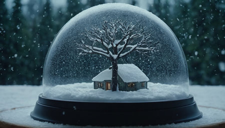Snow globe with house and tree in the snow. Christmas concept.の素材